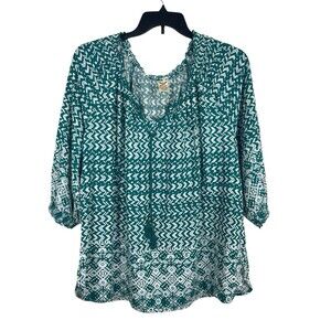 Faded Glory 3X Boho Peasant Blouse Turquoise Geo Print Tassel Tie Tunic Pullover